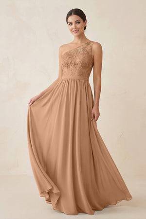 One - Shoulder Lace Chiffon A - Line Bridesmaid Dress in Bronzer - KISS BRIDAL Bridesmaid Dresses
