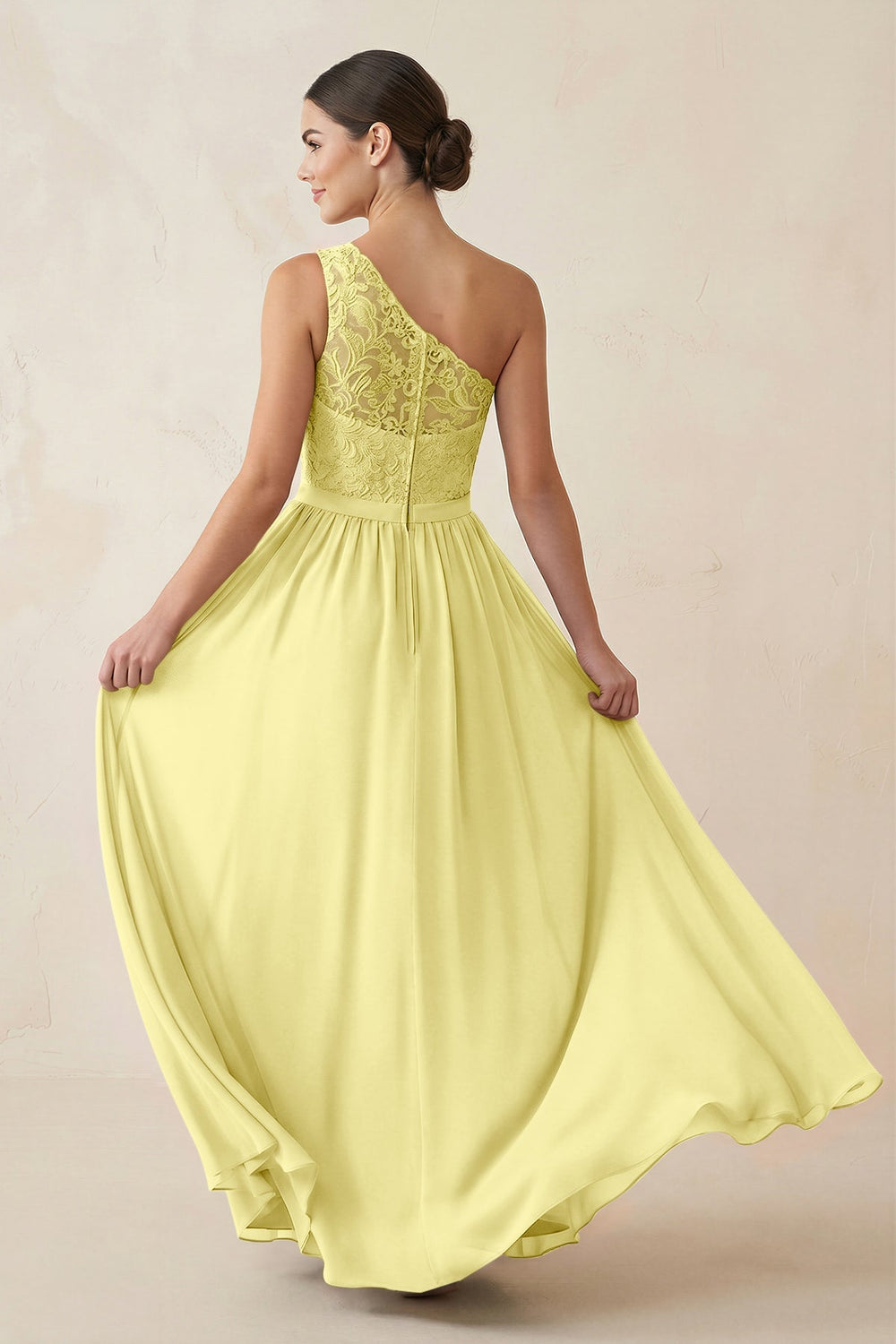 One - Shoulder Lace Chiffon A - Line Bridesmaid Dress in Buttercup - KISS BRIDAL Bridesmaid Dresses