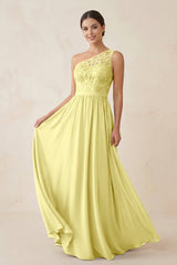 One - Shoulder Lace Chiffon A - Line Bridesmaid Dress in Buttercup - KISS BRIDAL Bridesmaid Dresses