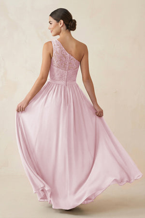 One - Shoulder Lace Chiffon A - Line Bridesmaid Dress in Candy Pink - KISS BRIDAL Bridesmaid Dresses