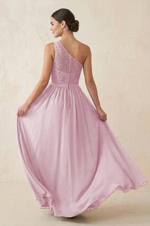 One-Shoulder Lace Chiffon A-Line Bridesmaid Dress in Candy Pink (2) | KISSBRIDAL