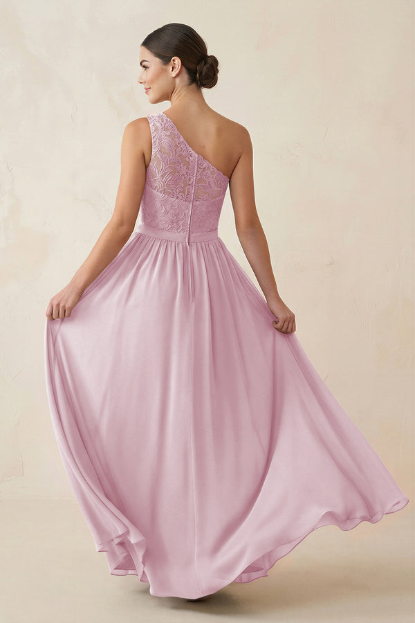 One-Shoulder Lace Chiffon A-Line Bridesmaid Dress in Candy Pink (2) | KISSBRIDAL