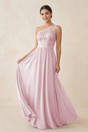 One - Shoulder Lace Chiffon A - Line Bridesmaid Dress in Candy Pink - KISS BRIDAL Bridesmaid Dresses