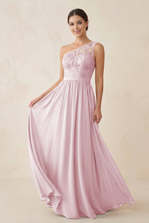 One - Shoulder Lace Chiffon A - Line Bridesmaid Dress in Candy Pink - KISS BRIDAL Bridesmaid Dresses