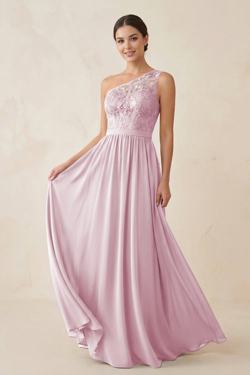 One-Shoulder Lace Chiffon A-Line Bridesmaid Dress in Candy Pink | KISSBRIDAL
