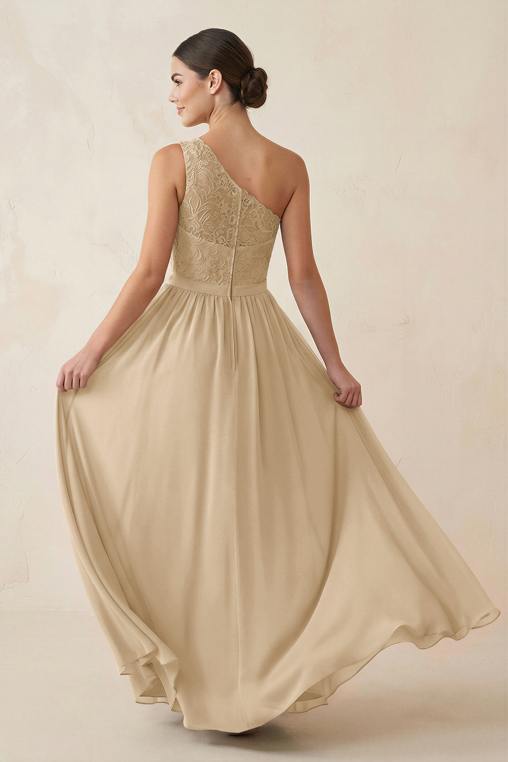 One-Shoulder Lace Chiffon A-Line Bridesmaid Dress in Champagne
