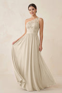 One - Shoulder Lace Chiffon A - Line Bridesmaid Dress in Champagne - KISS BRIDAL Bridesmaid Dresses