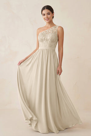 One - Shoulder Lace Chiffon A - Line Bridesmaid Dress in Champagne - KISS BRIDAL Bridesmaid Dresses