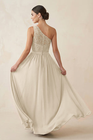 One - Shoulder Lace Chiffon A - Line Bridesmaid Dress in Champagne - KISS BRIDAL Bridesmaid Dresses