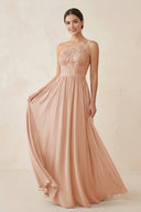 One - Shoulder Lace Chiffon A - Line Bridesmaid Dress in Champagne Rose - KISS BRIDAL Bridesmaid Dresses