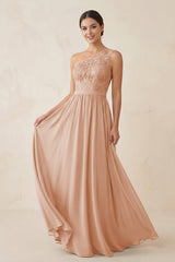 One - Shoulder Lace Chiffon A - Line Bridesmaid Dress in Champagne Rose - KISS BRIDAL Bridesmaid Dresses