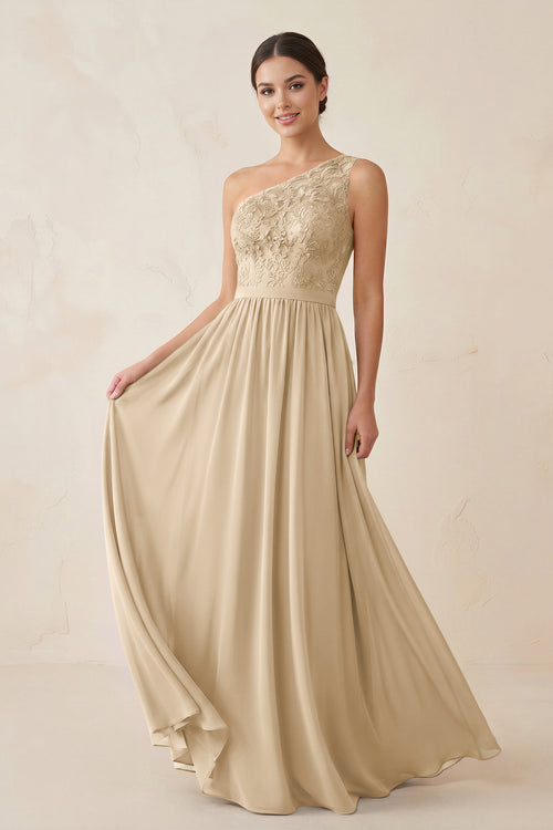 One-Shoulder Lace Chiffon A-Line Bridesmaid Dress in Champagne | KISSBRIDAL