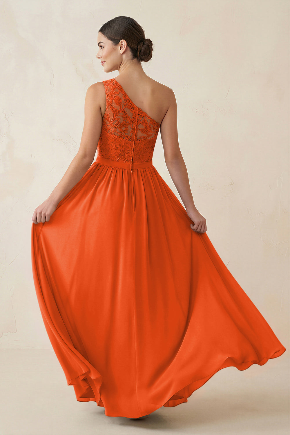 One-Shoulder Lace Chiffon A-Line Bridesmaid Dress in Cinnamon