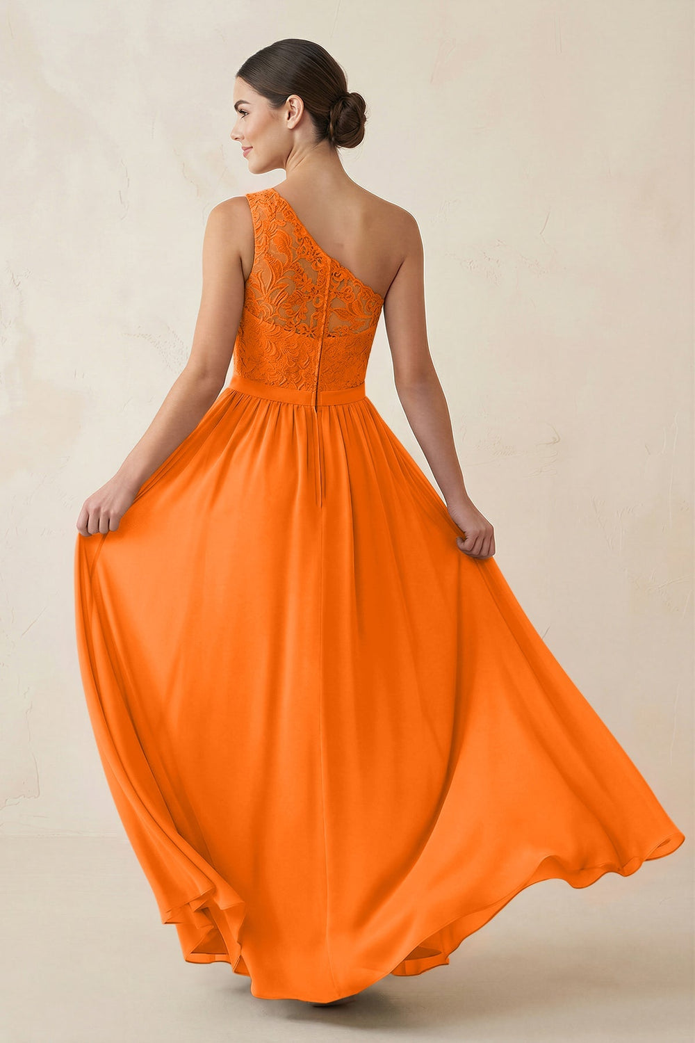 One - Shoulder Lace Chiffon A - Line Bridesmaid Dress in Cinnamon - KISS BRIDAL Bridesmaid Dresses