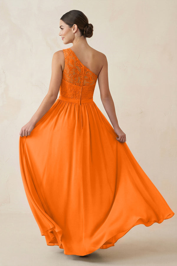 One - Shoulder Lace Chiffon A - Line Bridesmaid Dress in Cinnamon - KISS BRIDAL Bridesmaid Dresses