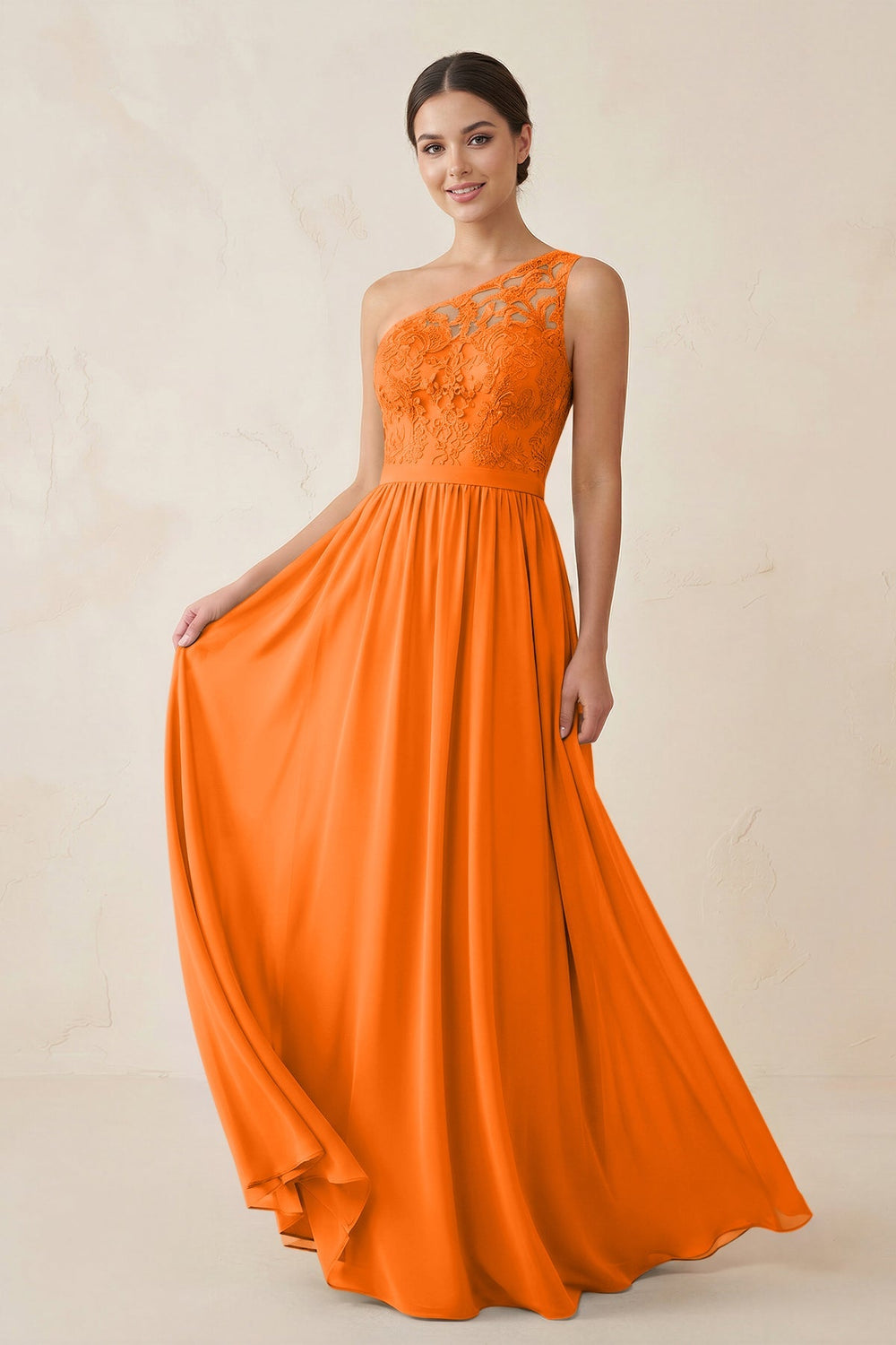 One - Shoulder Lace Chiffon A - Line Bridesmaid Dress in Cinnamon - KISS BRIDAL Bridesmaid Dresses