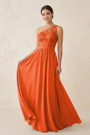 One-Shoulder Lace Chiffon A-Line Bridesmaid Dress in Cinnamon | KISSBRIDAL