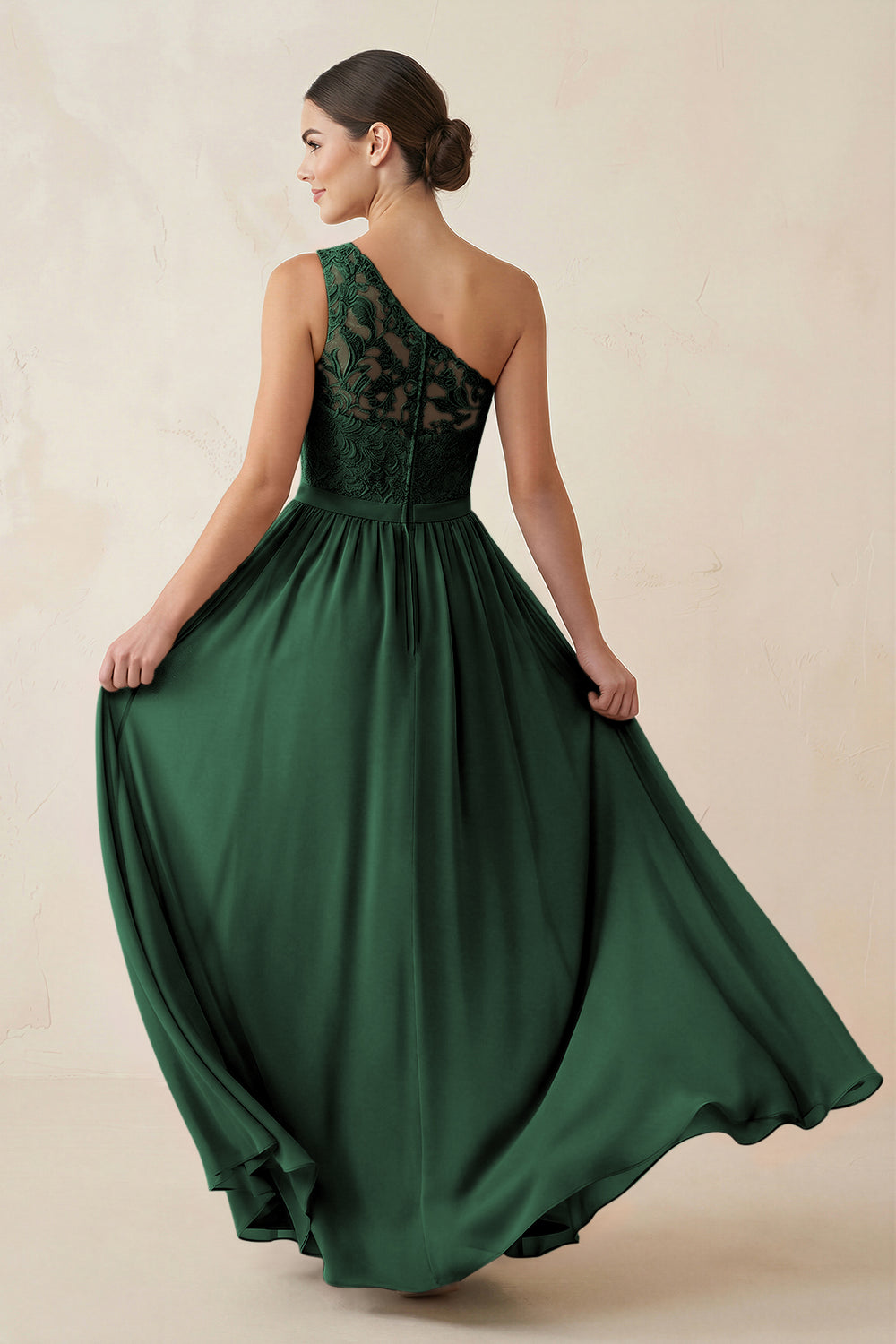 One-Shoulder Lace Chiffon A-Line Bridesmaid Dress in Dark Green