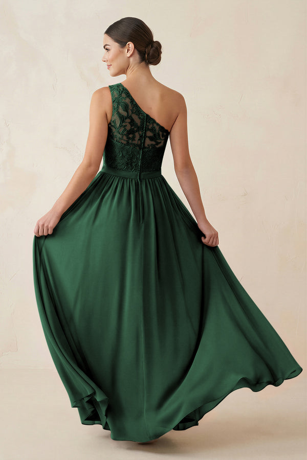 One-Shoulder Lace Chiffon A-Line Bridesmaid Dress in Dark Green (2) | KISSBRIDAL
