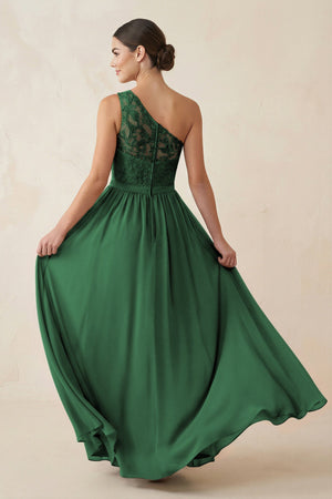 One - Shoulder Lace Chiffon A - Line Bridesmaid Dress in Dark Green - KISS BRIDAL Bridesmaid Dresses