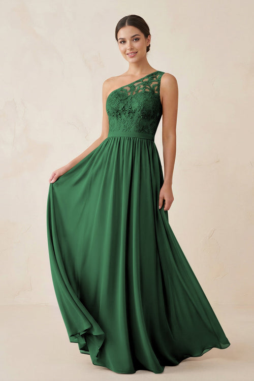 One - Shoulder Lace Chiffon A - Line Bridesmaid Dress in Dark Green - KISS BRIDAL Bridesmaid Dresses