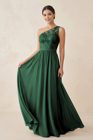 One-Shoulder Lace Chiffon A-Line Bridesmaid Dress in Dark Green | KISSBRIDAL