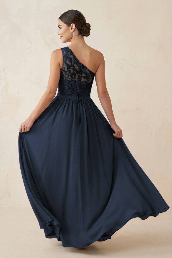 One - Shoulder Lace Chiffon A - Line Bridesmaid Dress in Dark Navy - KISS BRIDAL Bridesmaid Dresses
