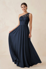 One - Shoulder Lace Chiffon A - Line Bridesmaid Dress in Dark Navy - KISS BRIDAL Bridesmaid Dresses