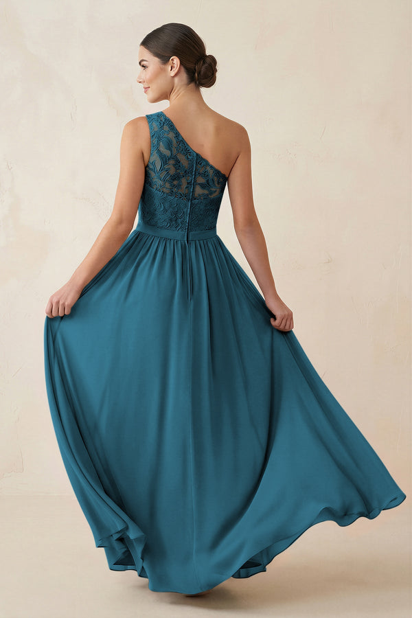 One - Shoulder Lace Chiffon A - Line Bridesmaid Dress in Dark Teal - KISS BRIDAL Bridesmaid Dresses