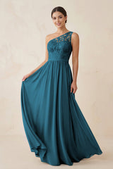 One - Shoulder Lace Chiffon A - Line Bridesmaid Dress in Dark Teal - KISS BRIDAL Bridesmaid Dresses