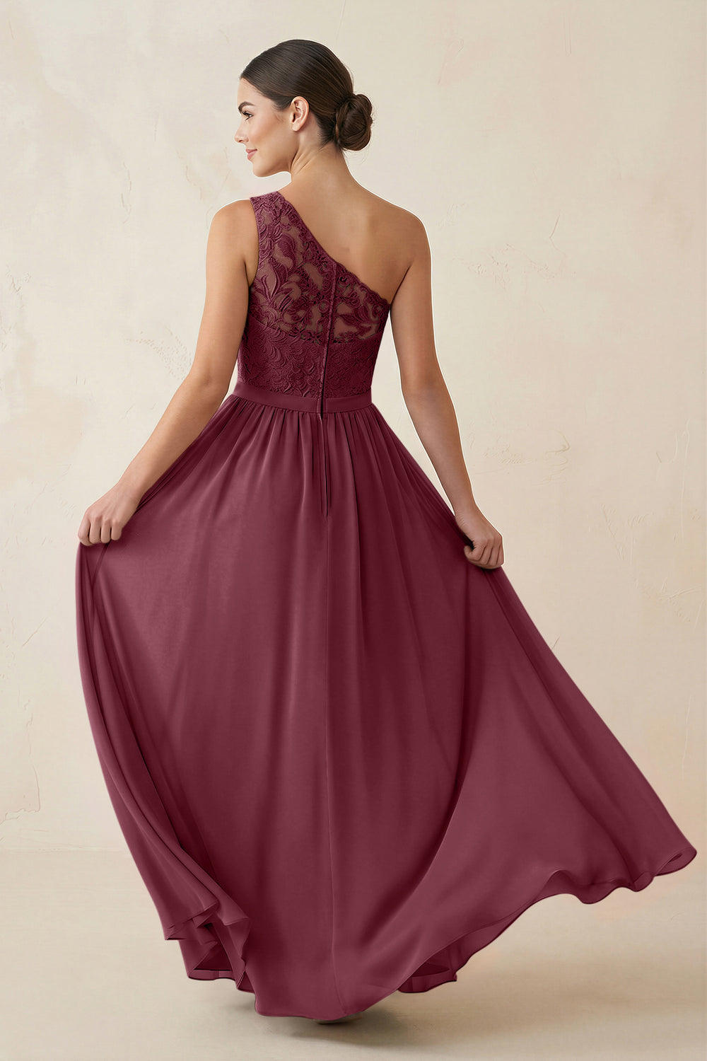 One-Shoulder Lace Chiffon A-Line Bridesmaid Dress in Desert Rose