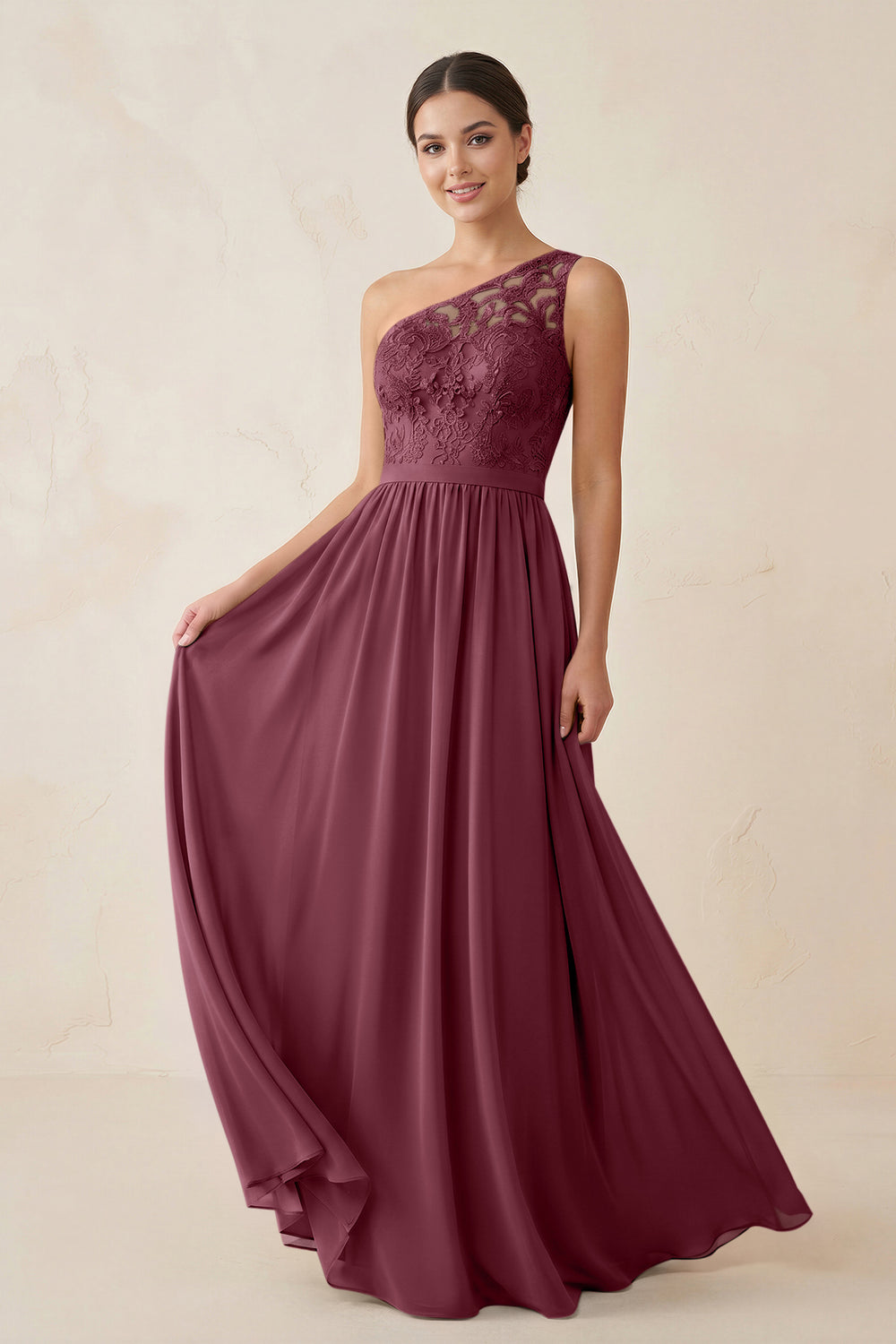 One-Shoulder Lace Chiffon A-Line Bridesmaid Dress in Desert Rose