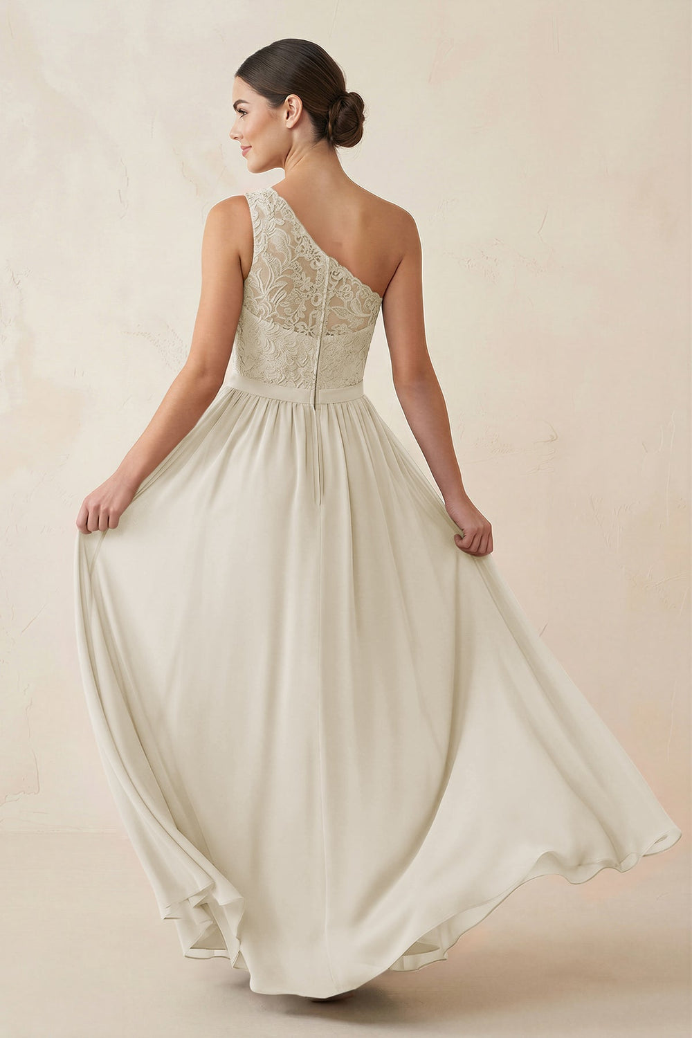 One - Shoulder Lace Chiffon A - Line Bridesmaid Dress in Dove Gray - KISS BRIDAL Bridesmaid Dresses
