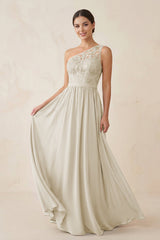 One - Shoulder Lace Chiffon A - Line Bridesmaid Dress in Dove Gray - KISS BRIDAL Bridesmaid Dresses