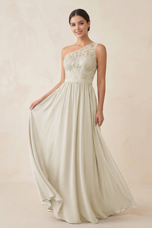 One - Shoulder Lace Chiffon A - Line Bridesmaid Dress in Dove Gray - KISS BRIDAL Bridesmaid Dresses