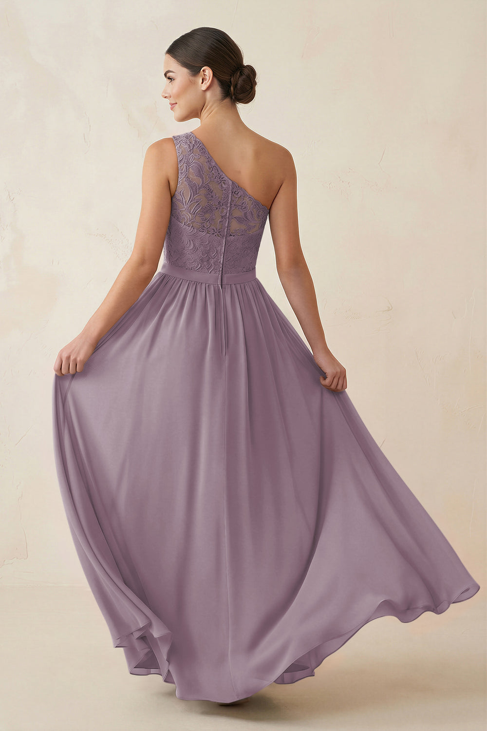 One-Shoulder Lace Chiffon A-Line Bridesmaid Dress in Dusk