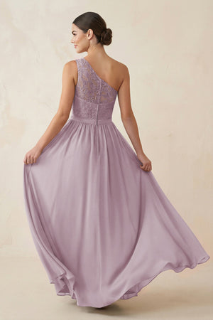 One - Shoulder Lace Chiffon A - Line Bridesmaid Dress in Dusk - KISS BRIDAL Bridesmaid Dresses