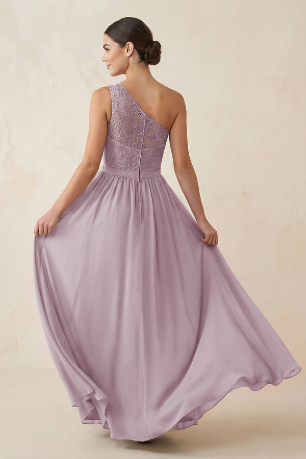 One - Shoulder Lace Chiffon A - Line Bridesmaid Dress in Dusk - KISS BRIDAL Bridesmaid Dresses