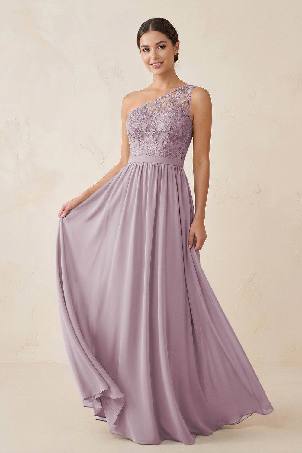 One - Shoulder Lace Chiffon A - Line Bridesmaid Dress in Dusk - KISS BRIDAL Bridesmaid Dresses