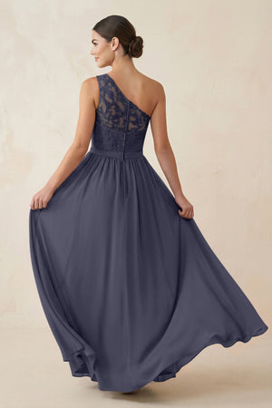One - Shoulder Lace Chiffon A - Line Bridesmaid Dress in Dusk Blue - KISS BRIDAL Bridesmaid Dresses