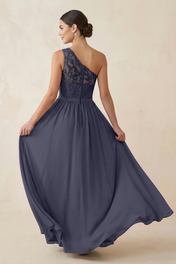 One - Shoulder Lace Chiffon A - Line Bridesmaid Dress in Dusk Blue - KISS BRIDAL Bridesmaid Dresses