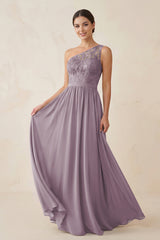 One-Shoulder Lace Chiffon A-Line Bridesmaid Dress in Dusk | KISSBRIDAL
