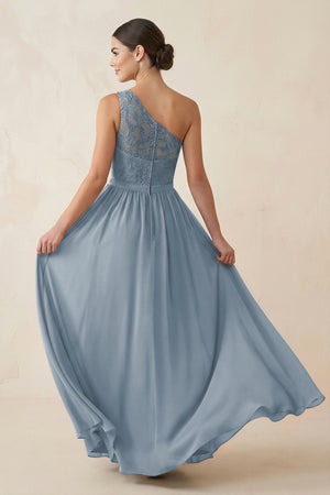 One-Shoulder Lace Chiffon A-Line Bridesmaid Dress in Dusty Blue (2) | KISSBRIDAL