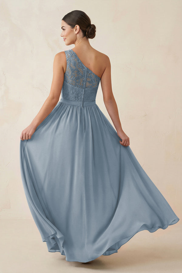 One-Shoulder Lace Chiffon A-Line Bridesmaid Dress in Dusty Blue (2) | KISSBRIDAL