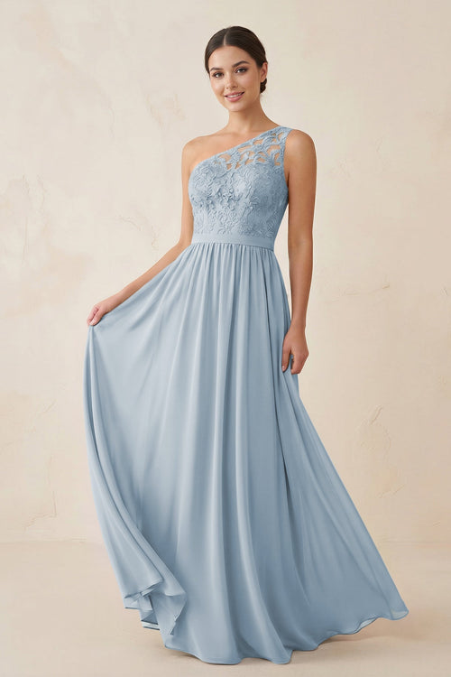 One - Shoulder Lace Chiffon A - Line Bridesmaid Dress in Dusty Blue - KISS BRIDAL Bridesmaid Dresses