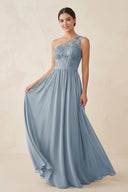 One-Shoulder Lace Chiffon A-Line Bridesmaid Dress in Dusty Blue | KISSBRIDAL