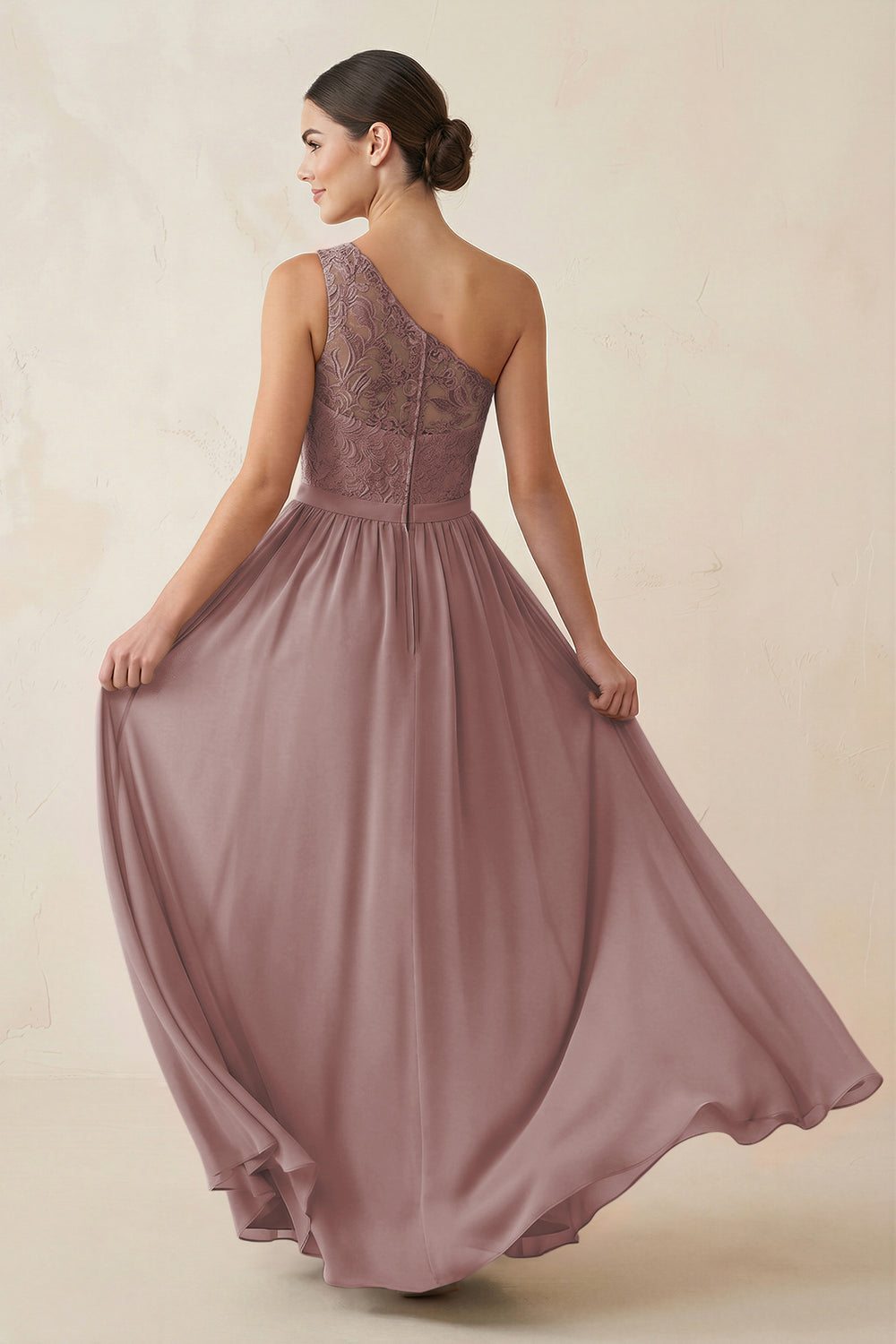 One-Shoulder Lace Chiffon A-Line Bridesmaid Dress in Dusty Rose