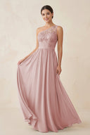 One - Shoulder Lace Chiffon A - Line Bridesmaid Dress in Dusty Rose - KISS BRIDAL Bridesmaid Dresses