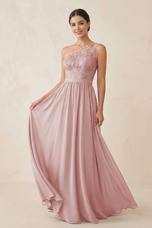 One - Shoulder Lace Chiffon A - Line Bridesmaid Dress in Dusty Rose - KISS BRIDAL Bridesmaid Dresses