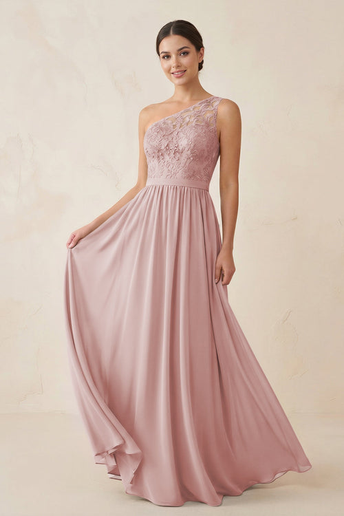 One - Shoulder Lace Chiffon A - Line Bridesmaid Dress in Dusty Rose - KISS BRIDAL Bridesmaid Dresses